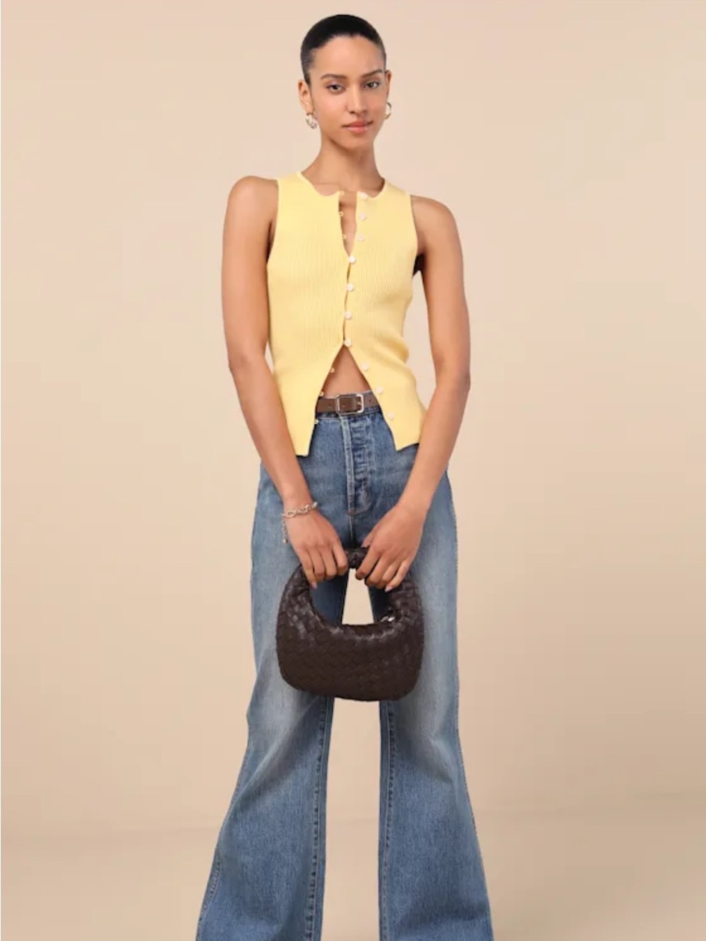 Lulu's Sunlit Ribbed Button Tank - Pale Yellow - Picture 2 of 8